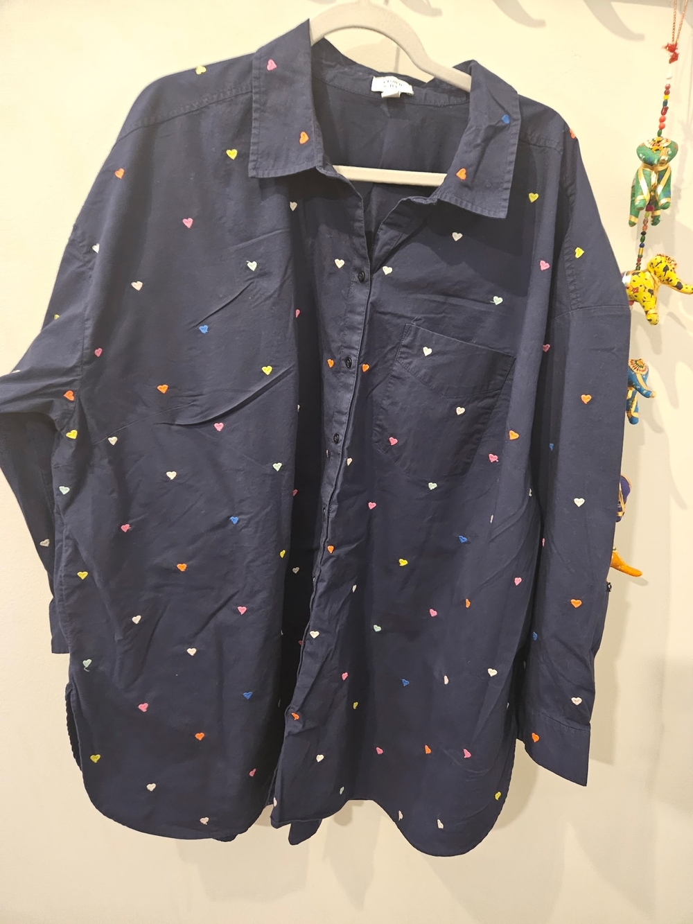 crown & ivy Navy Button-Down Shirt with Multicolor Heart Prints